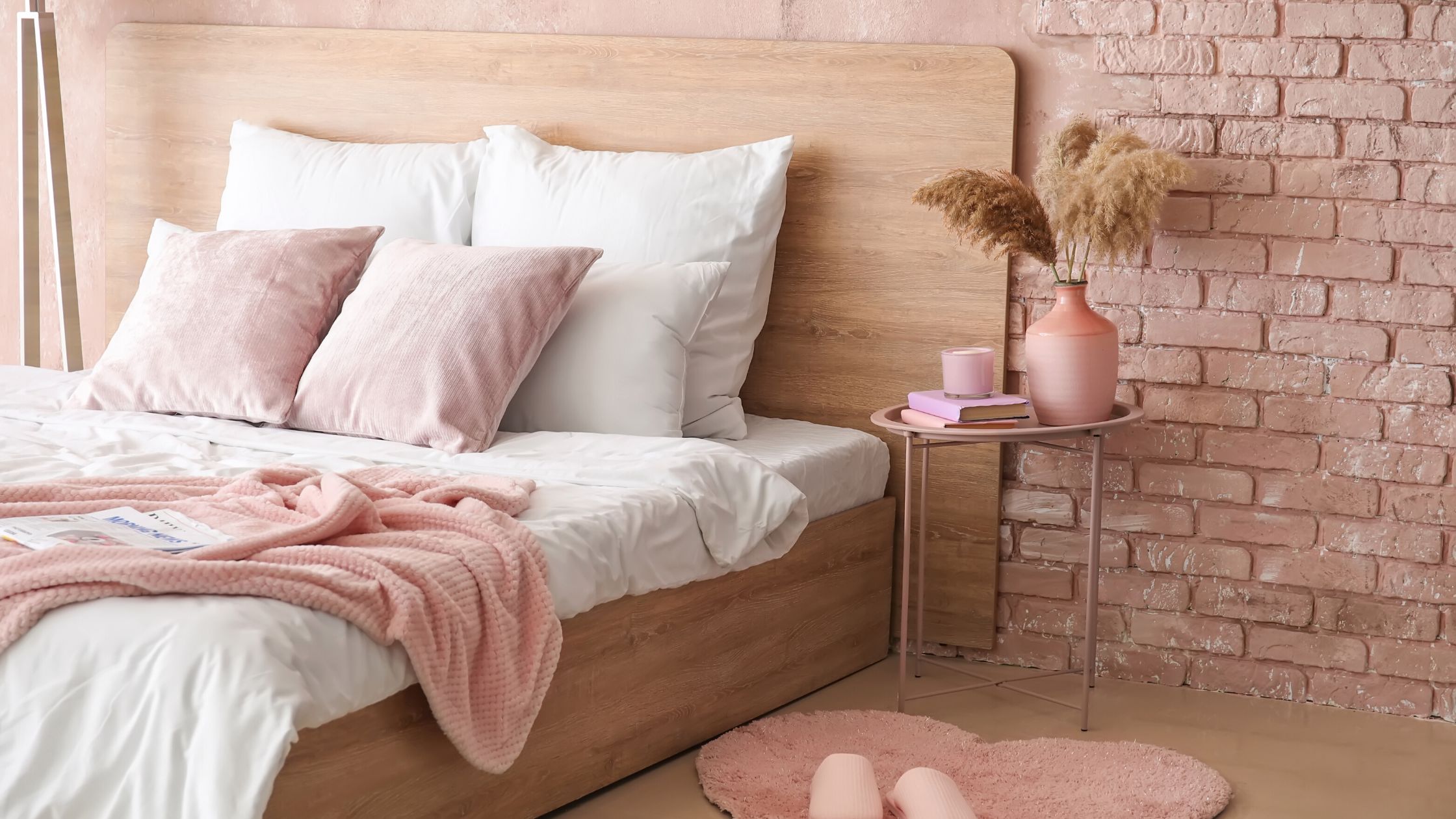 A romantic and organized master bedroom with dusty pink decor and linens.