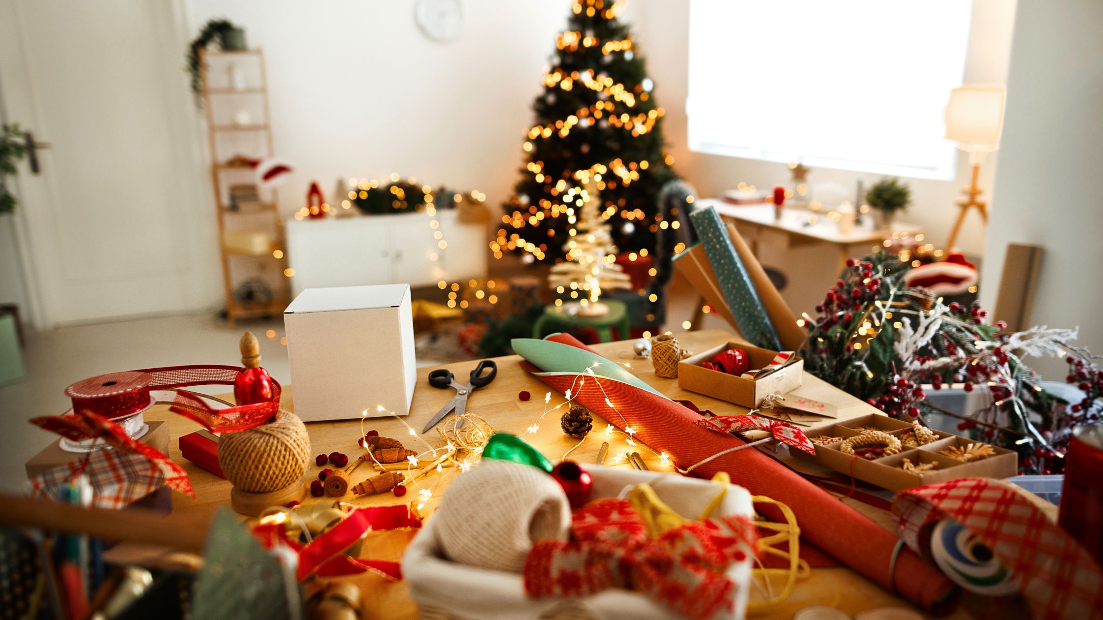 A living room is in disarray, with wrapping paper and decorations everywhere. Learn how to avoid holiday clutter.