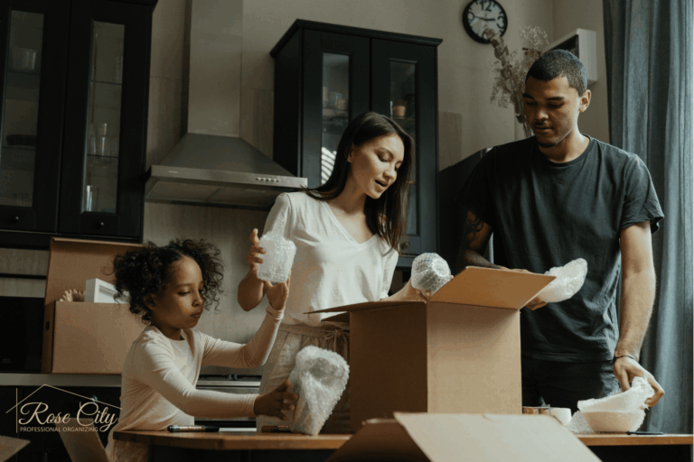 Family unpacking their belongings in their new home